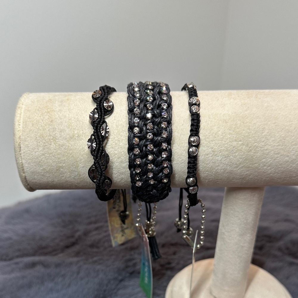 NWT - Elegant Black Braided Bracelet Set with Swarovski crystals